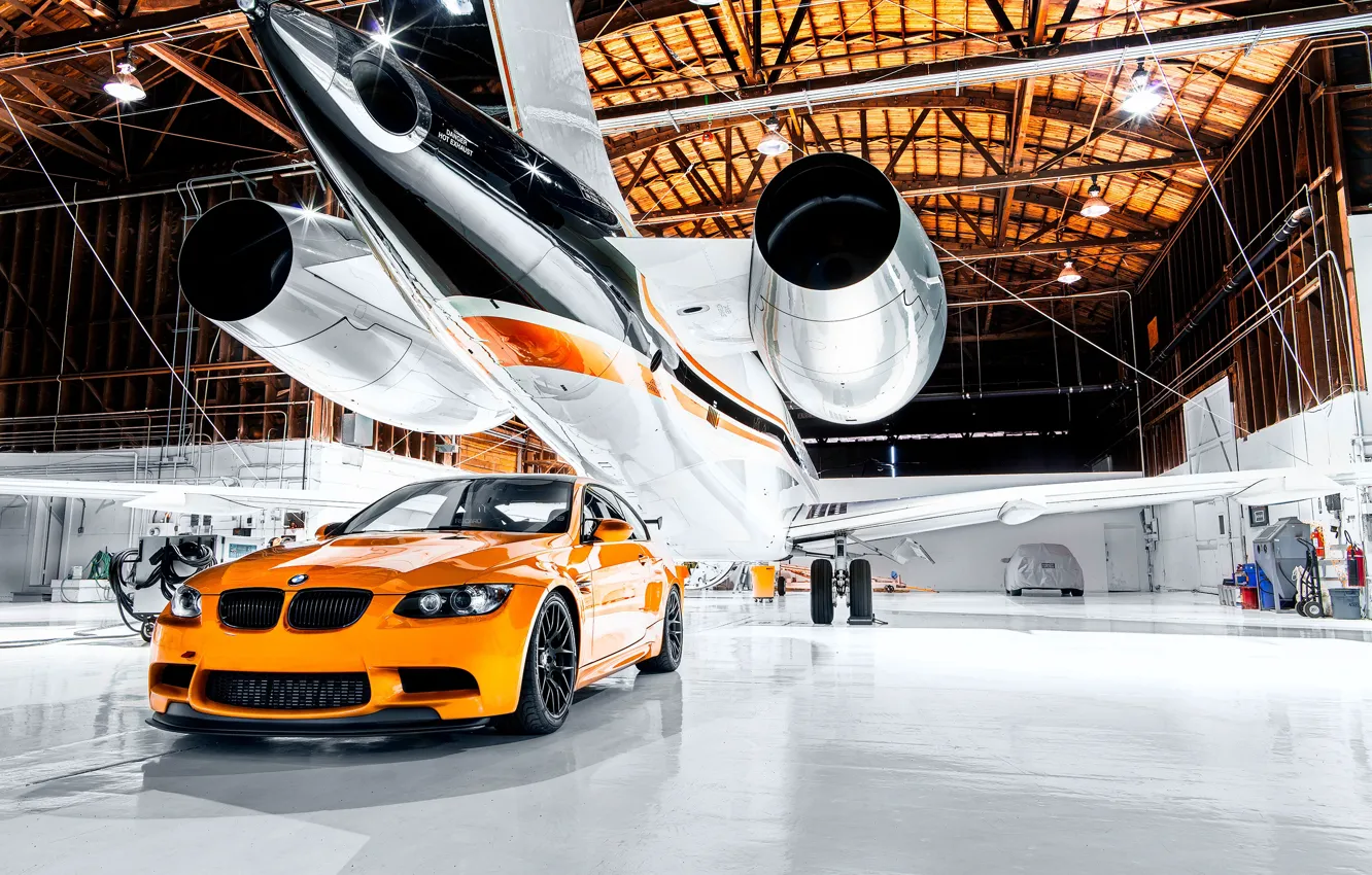 Photo wallpaper BMW, E92, Side, Airplane, Hangar