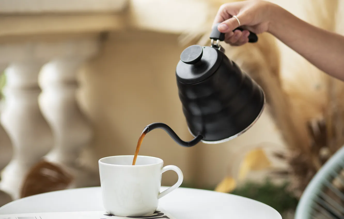 Photo wallpaper white, girl, table, round, tea, black, hands, kettle
