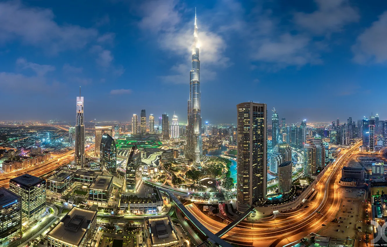 Photo wallpaper road, building, home, skyscrapers, panorama, Dubai, night city, Dubai