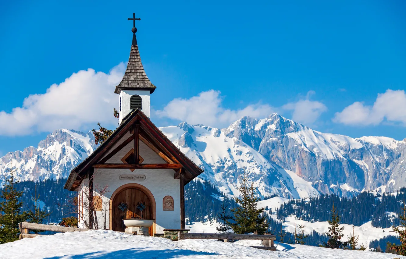 Photo wallpaper mountains, Austria, chapel