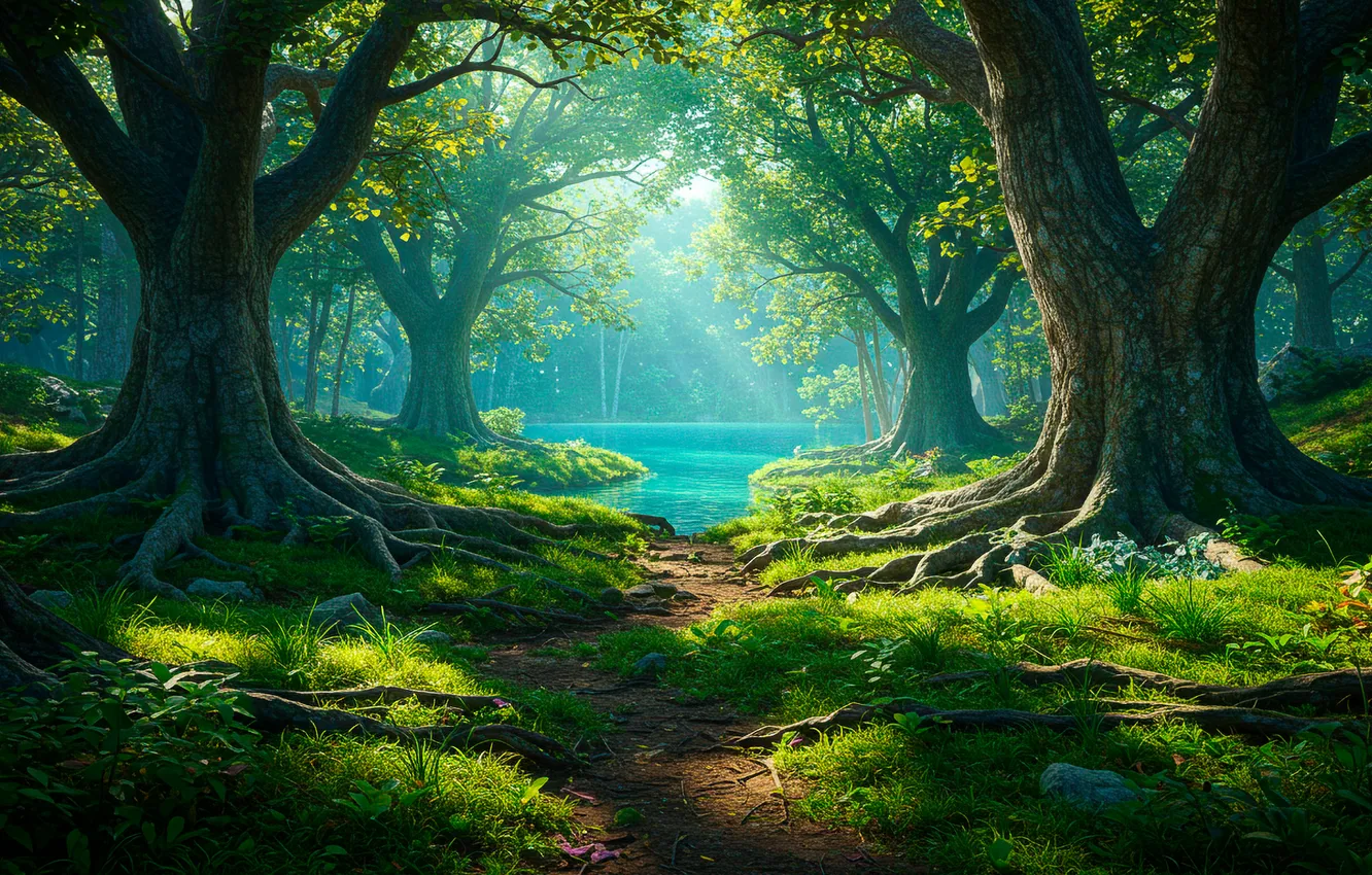 Photo wallpaper forest, grass, roots, lake, Wallpaper, view, art, wallpaper