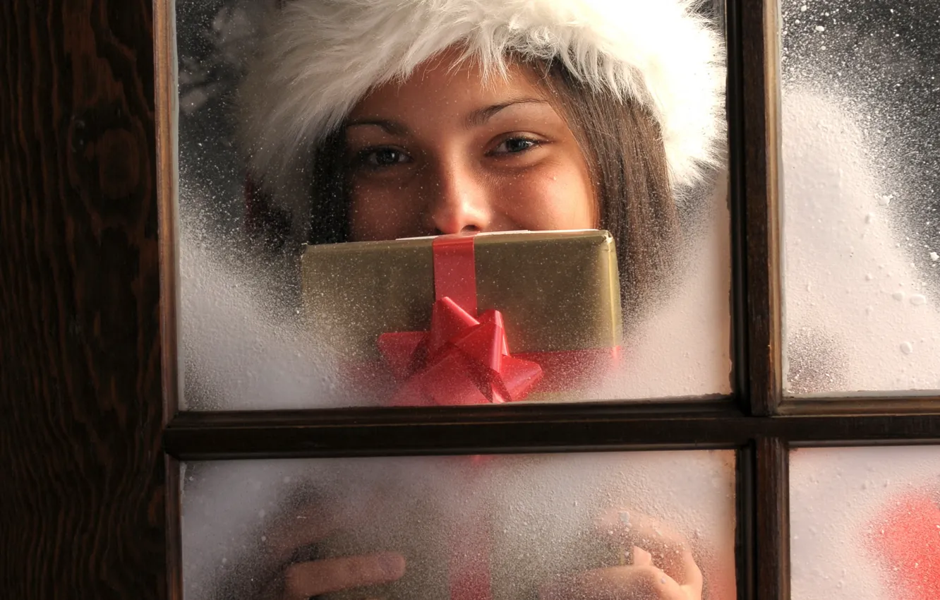Photo wallpaper girl, holiday, gift, new year, window, new year