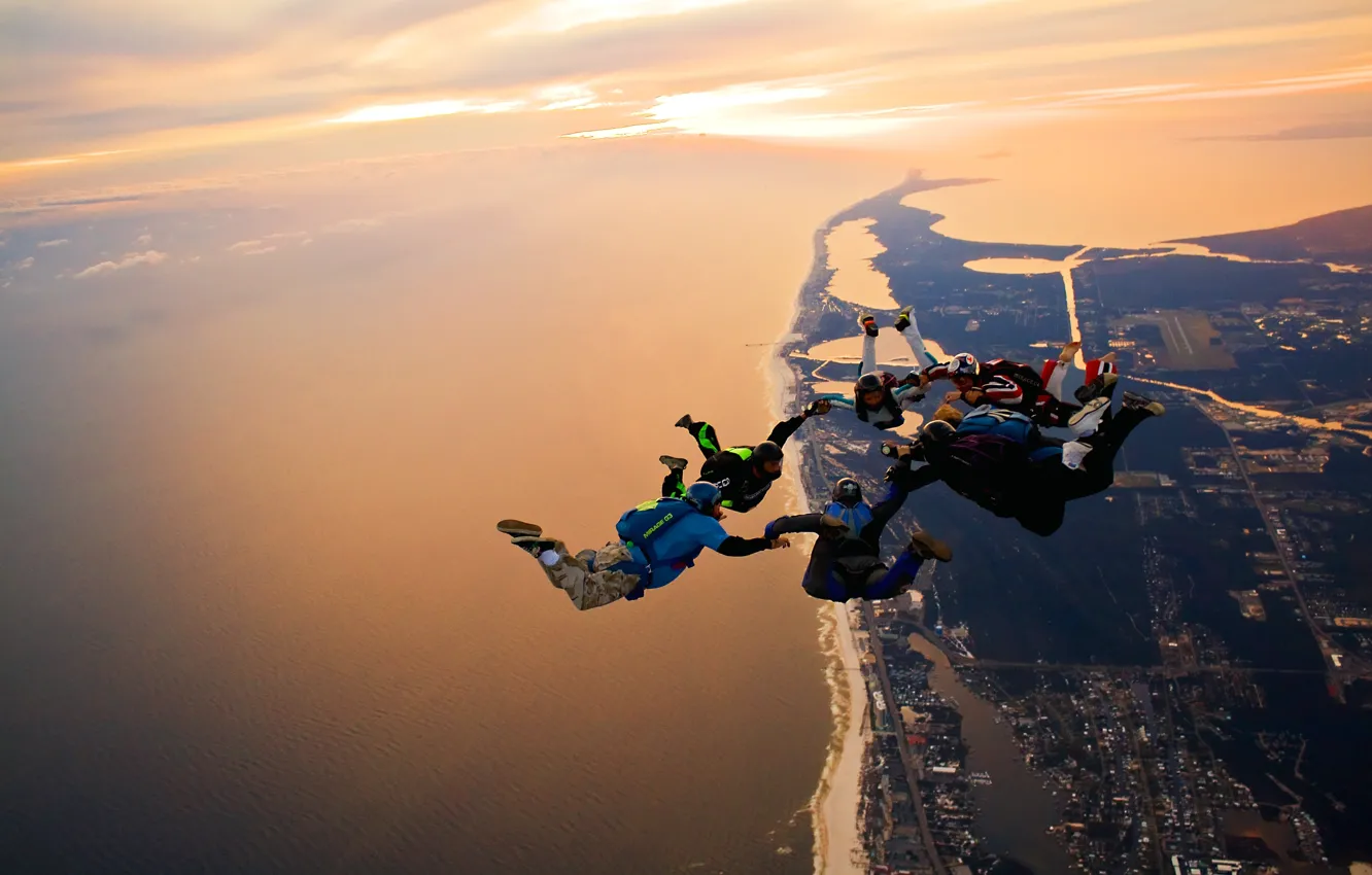 Photo wallpaper beach, the sky, clouds, flight, landscape, the city, the ocean, Wallpaper