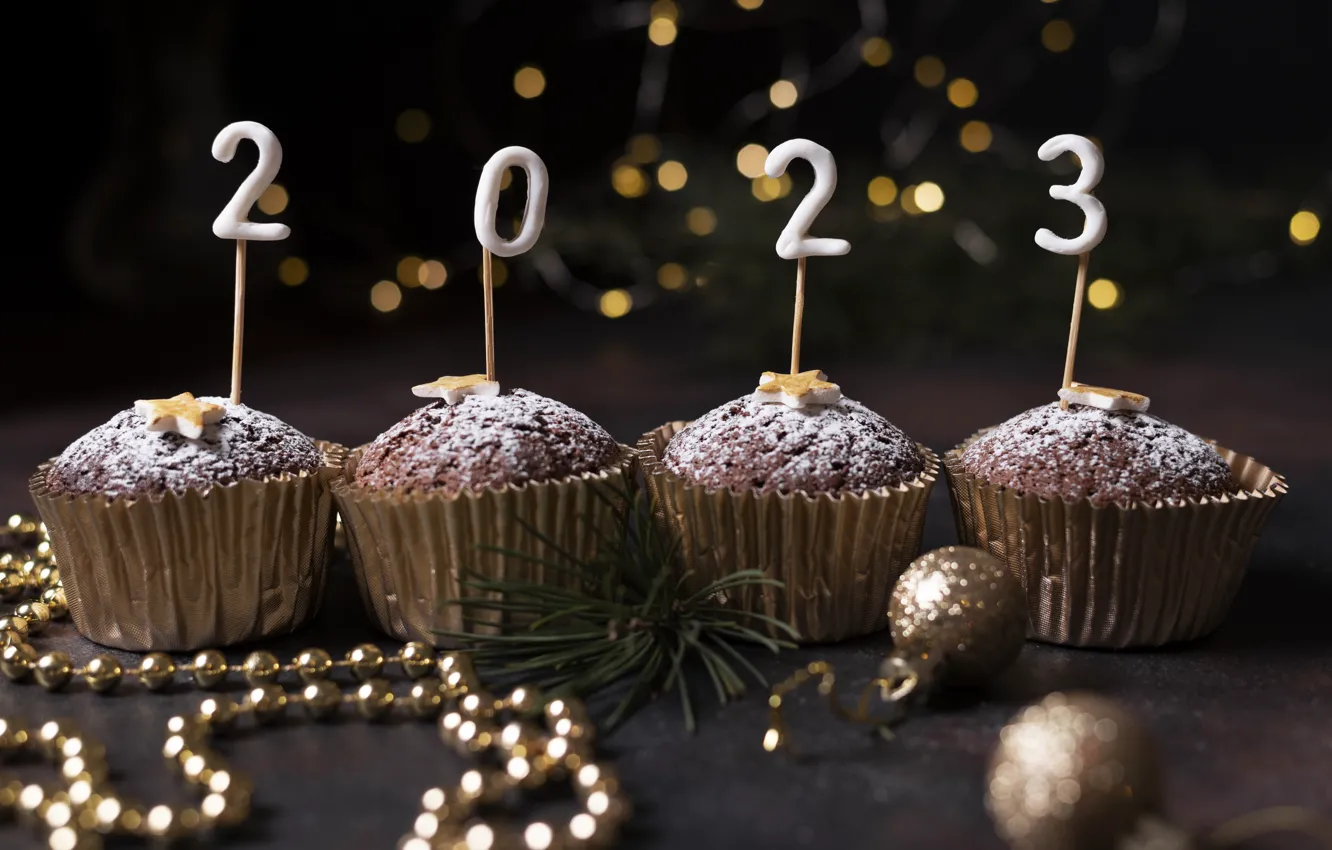 Photo wallpaper balls, table, holiday, new year, sticks, lights, figures, beads