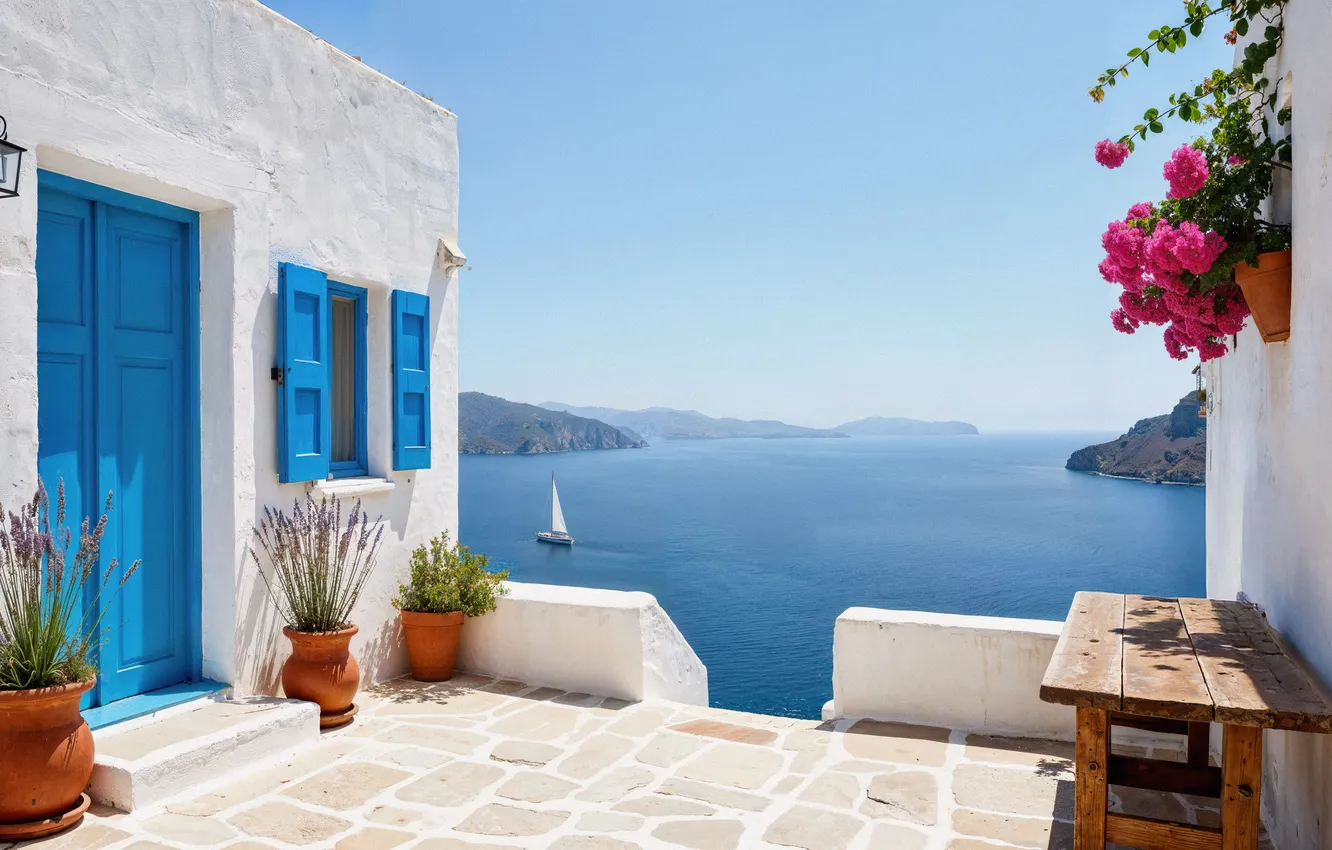 Photo wallpaper sea, the sun, home, summer, house, sunshine, vacation, flowering