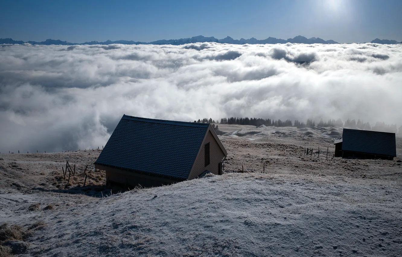 Photo wallpaper mountains, fog, house, morning