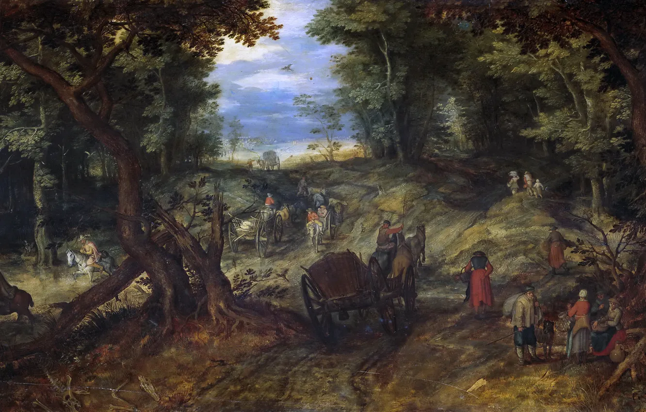 Photo wallpaper trees, landscape, people, picture, Jan Brueghel the elder, Forest Road with the Carts and Horsemen