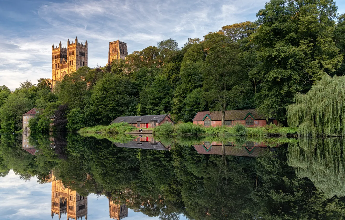 Photo wallpaper photo, England, Nature, Reflection, Trees, River, House, Durham city