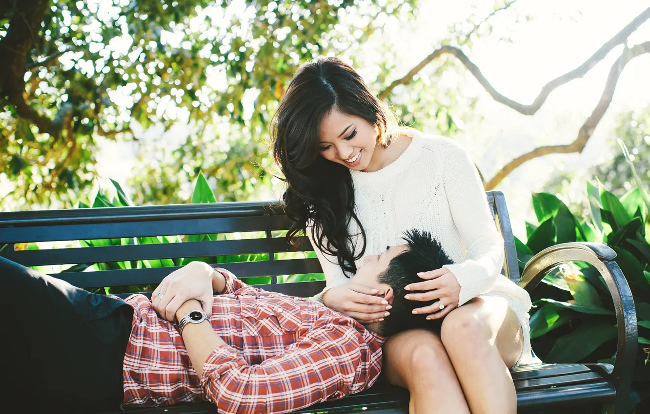 Photo wallpaper summer, girl, bench, pose, watch, ring, lies, guy