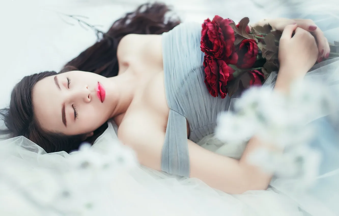 Photo wallpaper girl, flowers, Asian