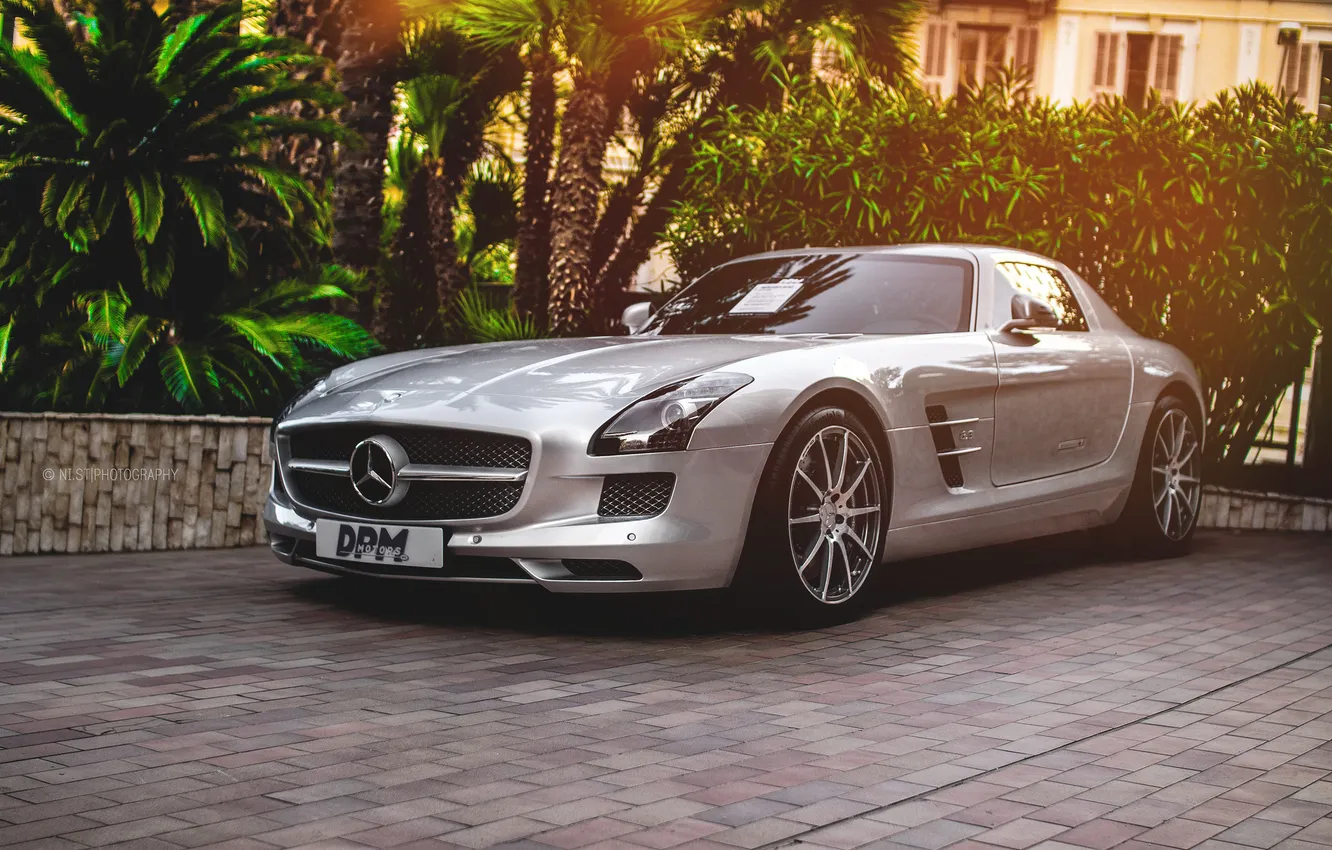 Photo wallpaper silver, supercar, mercedes, the front, sls, amg, monaco, black series