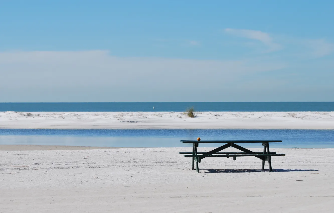 Photo wallpaper sand, sea, beach, summer, bench