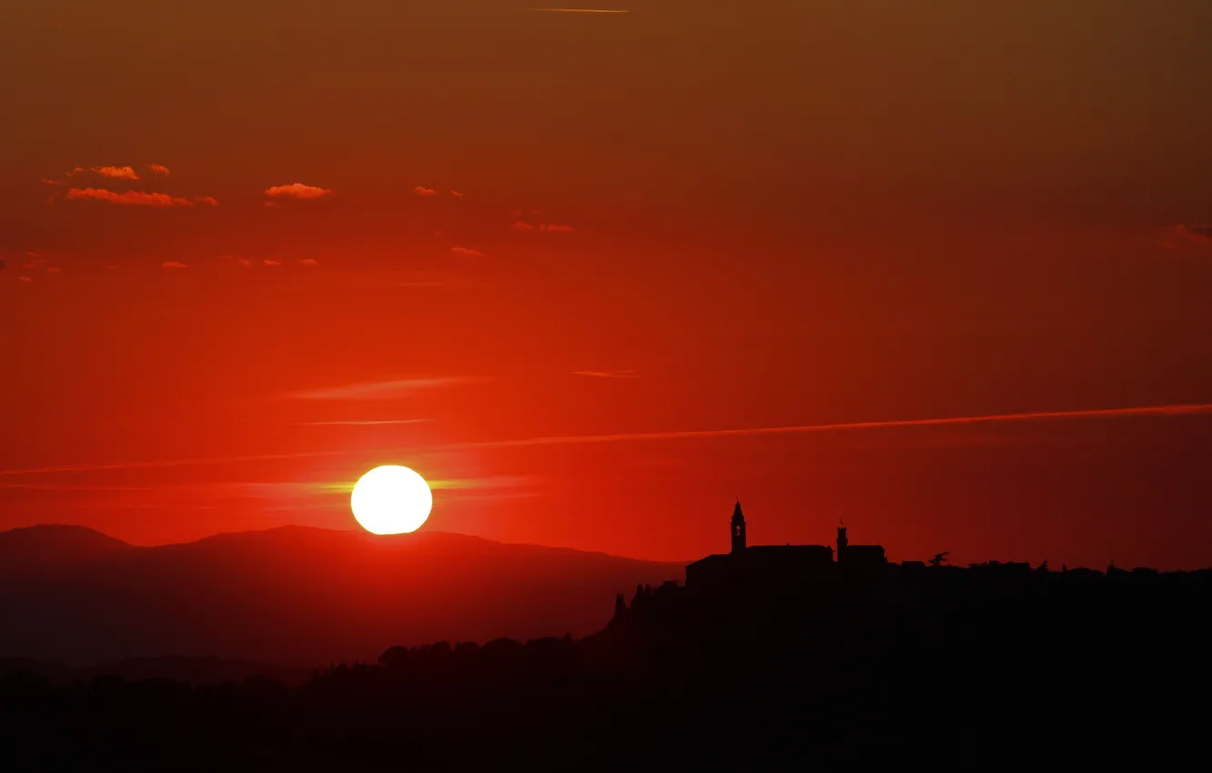Photo wallpaper the sky, the sun, sunset, mountains, silhouette, Church, the bell tower