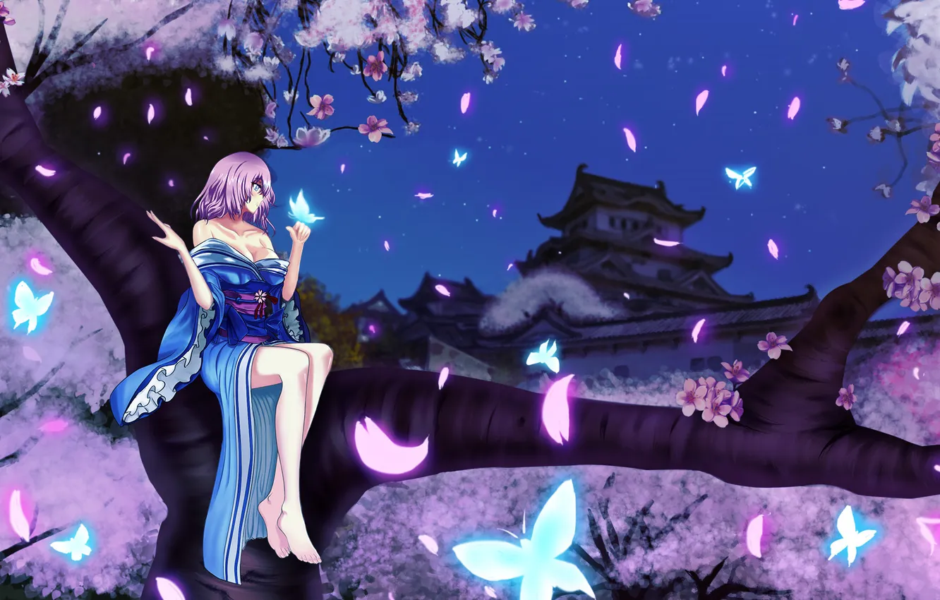 Photo wallpaper girl, trees, abstraction, butterfly, building, Sakura, temple, kimono