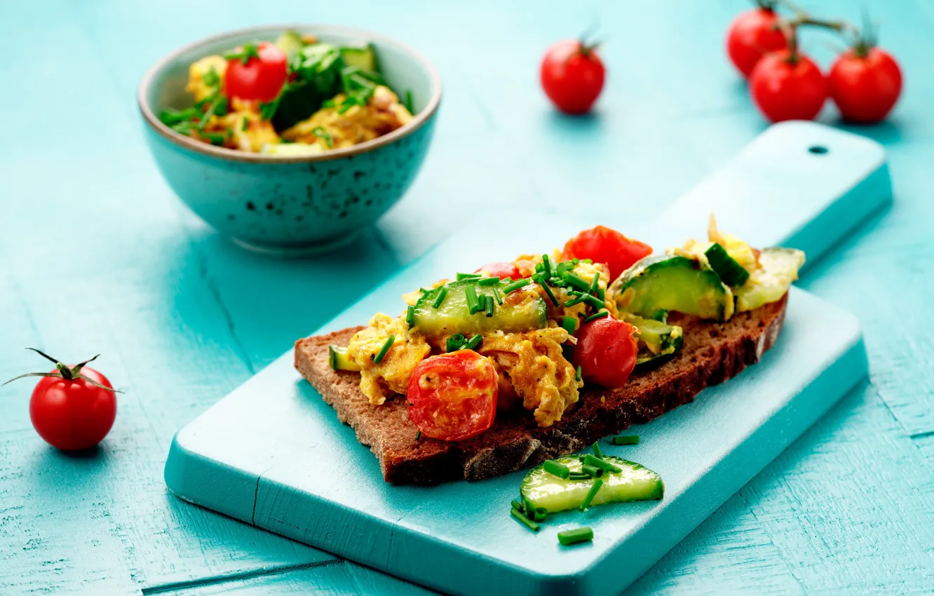 Photo wallpaper Cup, sandwiches, cutting Board, tomatoes