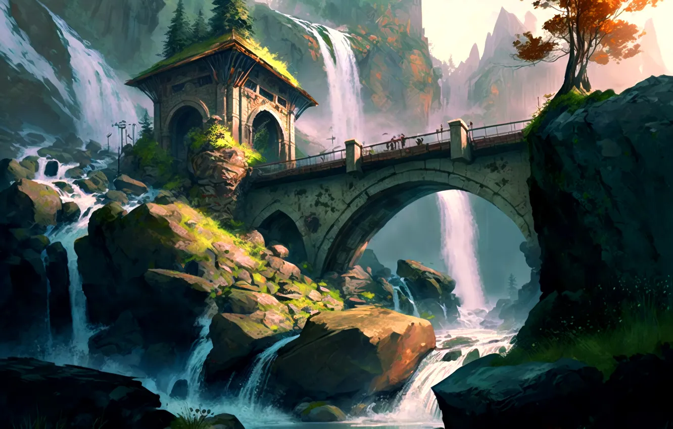 Photo wallpaper waterfall, gorge, boulders, stone house, autumn in the mountains, river in the mountains, Stone bridge, …