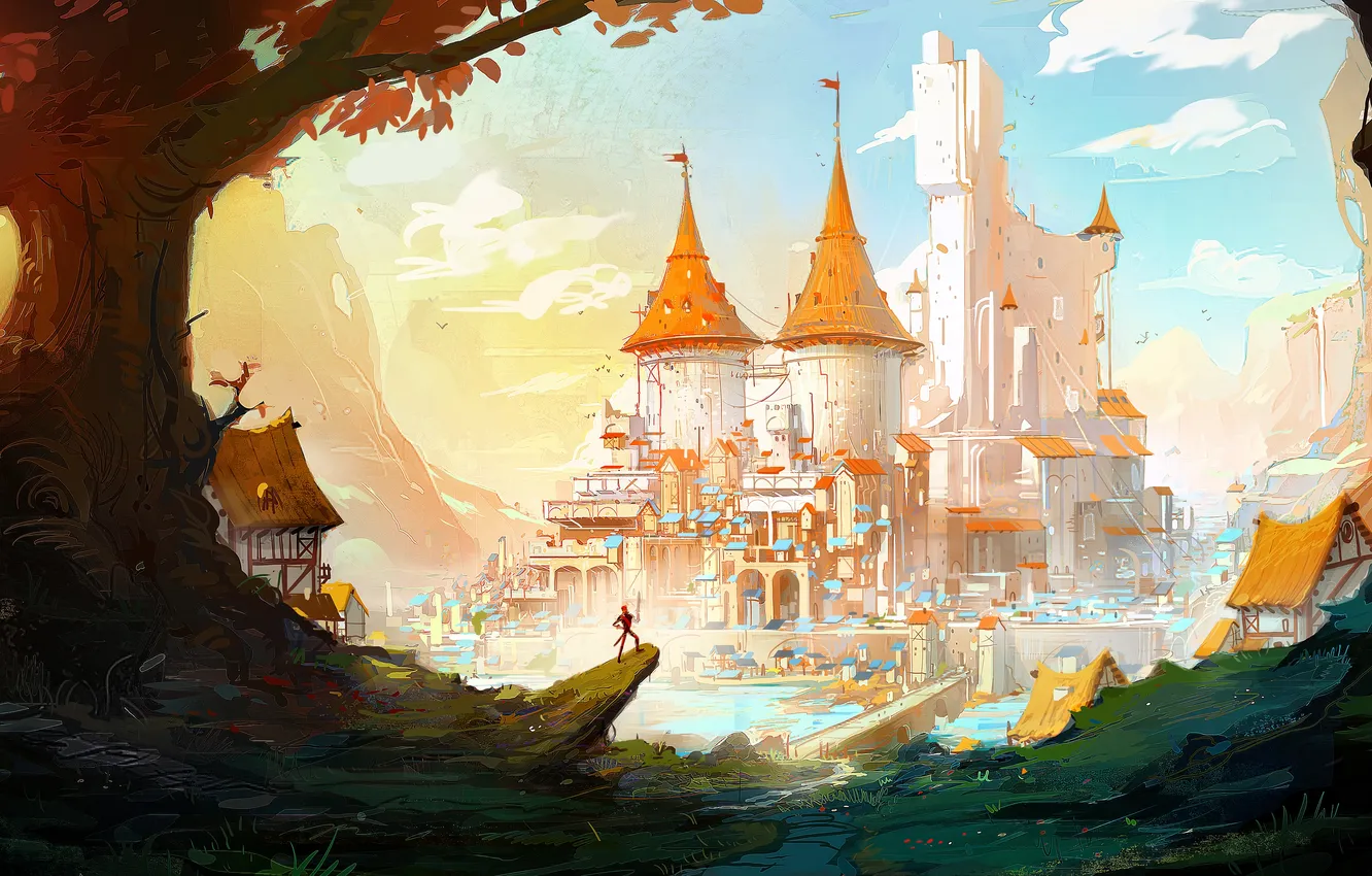 Photo wallpaper city, fantasy, river, trees, bridge, Castle, digital art, buildings
