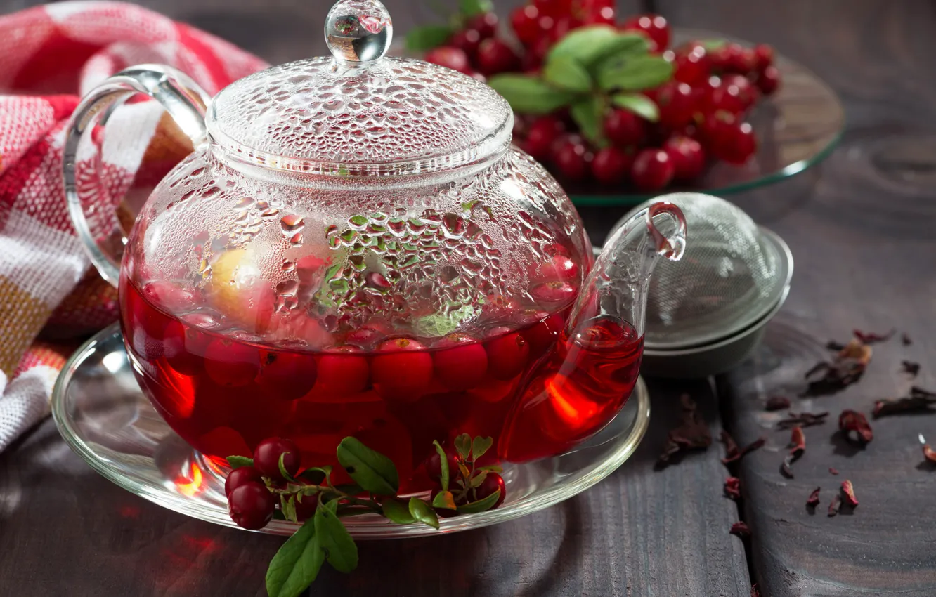 Photo wallpaper berries, tea, drink, teapot, cranberries