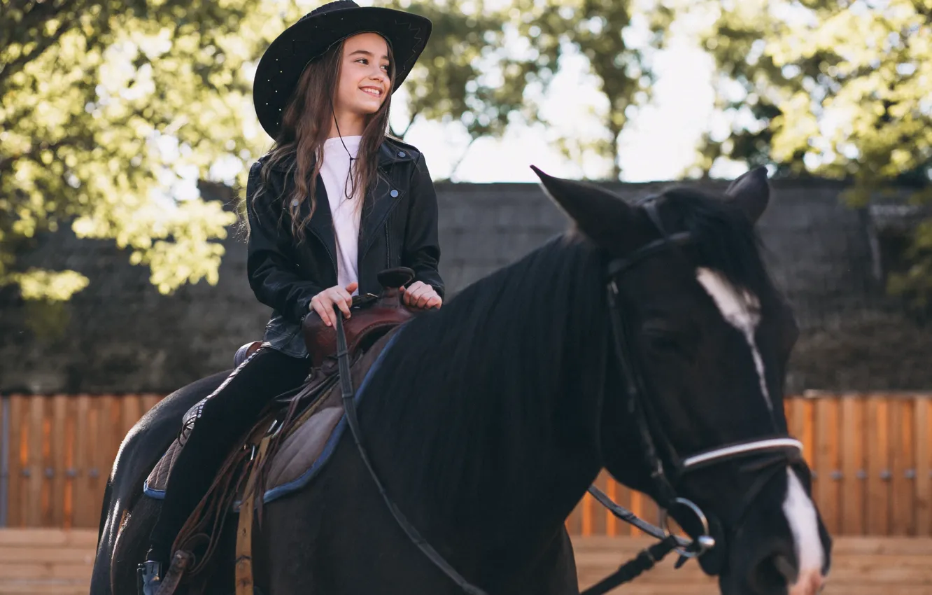 Photo wallpaper children, horse, horse, hat, girl, sitting, top, on horseback