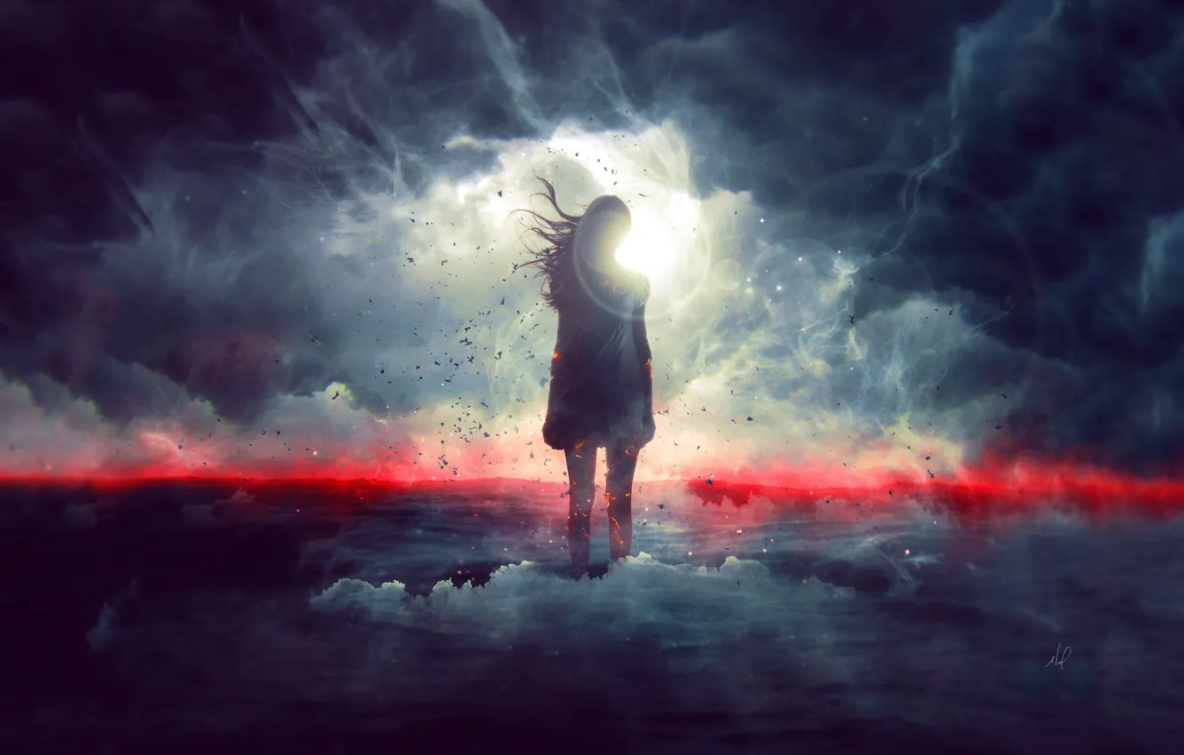 Photo wallpaper The sun, Clouds, Smoke, Light, Clouds, Hair, Silhouette, Girl