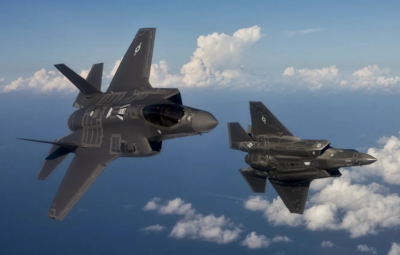 Photo wallpaper unobtrusive, UNITED STATES AIR FORCE, F-35, In The Air, The two fighters, the fifth generation …