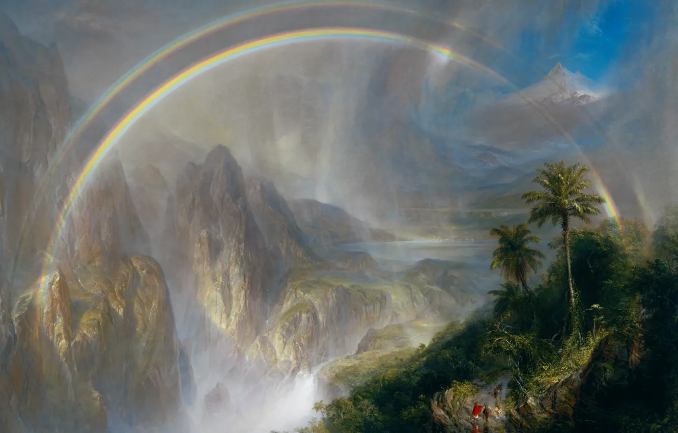 Photo wallpaper landscape, mountains, rainbow, picture, Frederic Edwin Church, The Rainy season in the Tropics