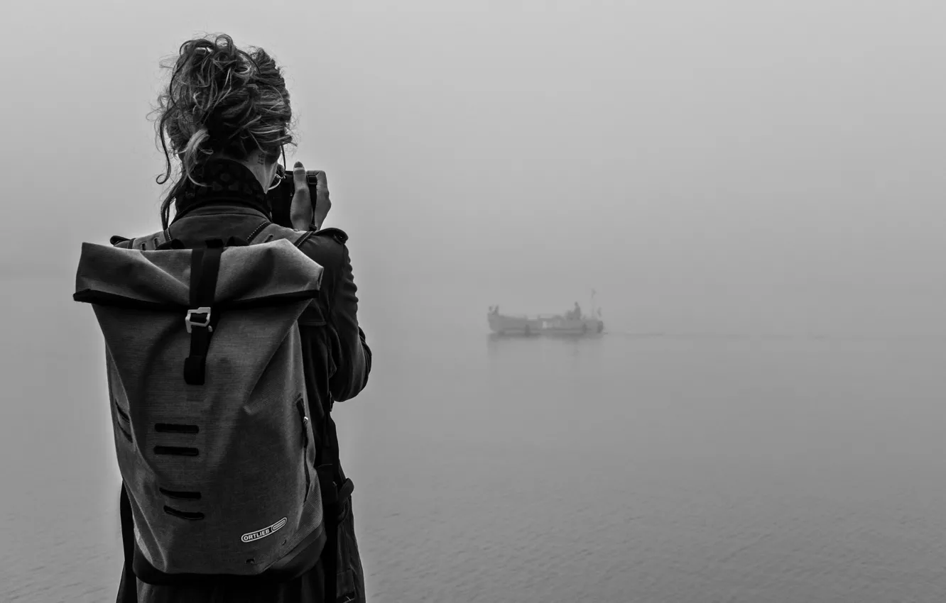 Photo wallpaper girl, photo, lake, fog, boat, mist, adventure, traveling