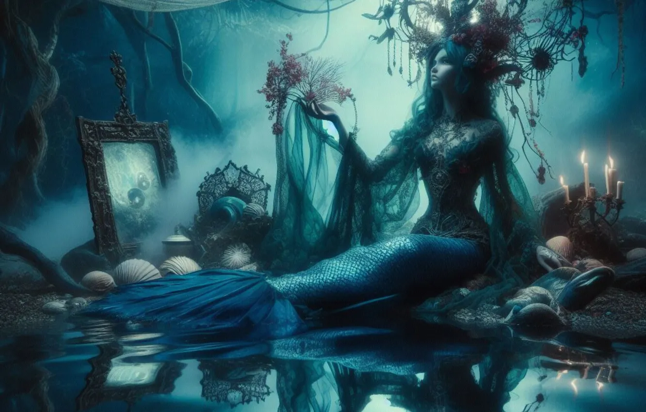 Photo wallpaper look, girl, face, pose, fantasy, mermaid, fantasy, AI art