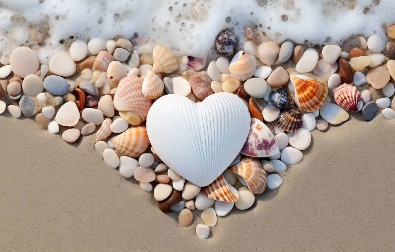 Photo wallpaper love, holiday, shore, heart, feelings, shell, shell, heart