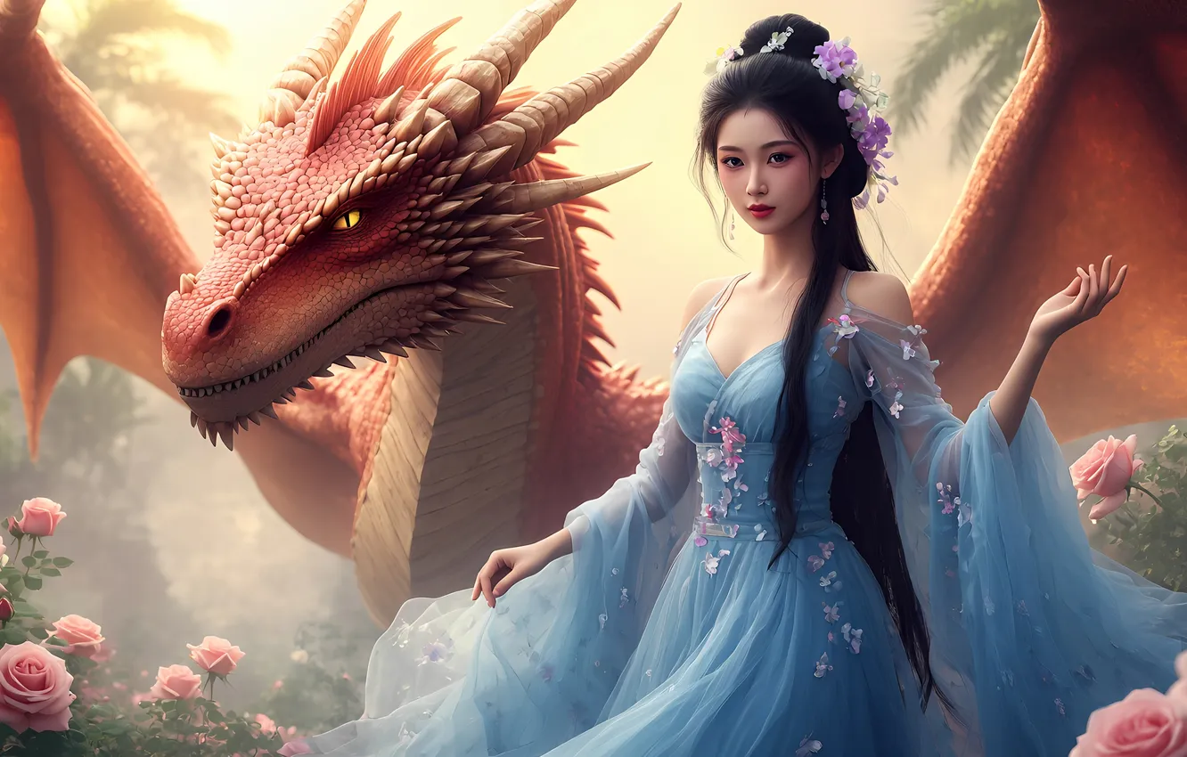 Photo wallpaper girl, Chinese, Asian, blue dress, Red dragon