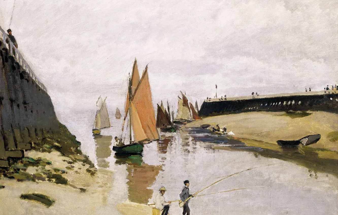 Photo wallpaper landscape, boat, picture, sail, fishermen, Claude Monet, The entrance to the Port of Trouville