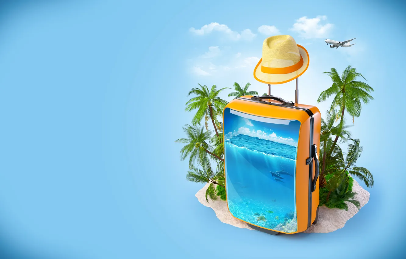 Photo wallpaper sea, clouds, palm trees, creative, hat, dolphins, suitcase, the plane
