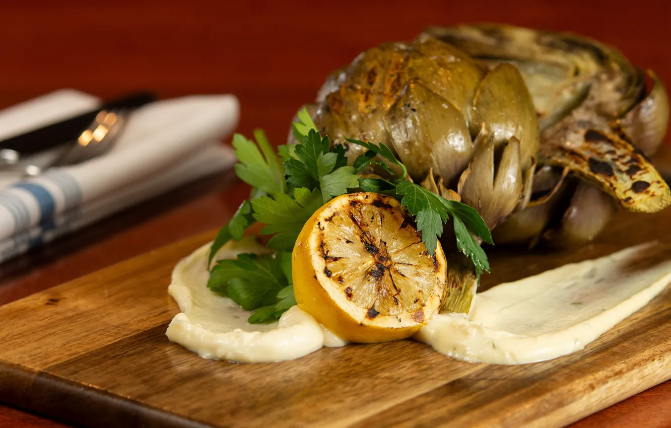 Photo wallpaper lemon, oil, food, dish, artichoke