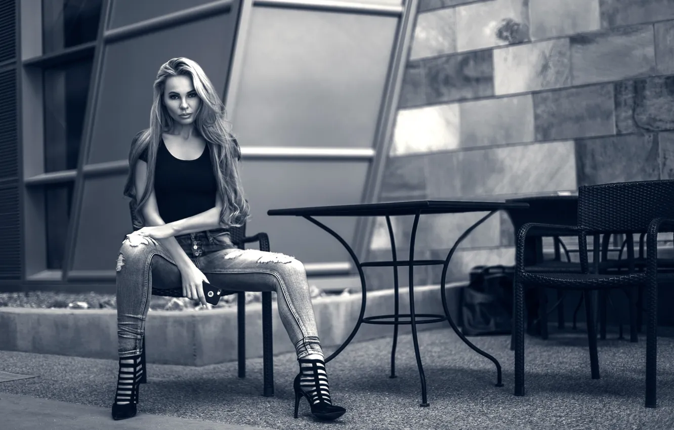 Photo wallpaper pose, model, jeans, black and white, monochrome, Malgosia Violet Gugnacki