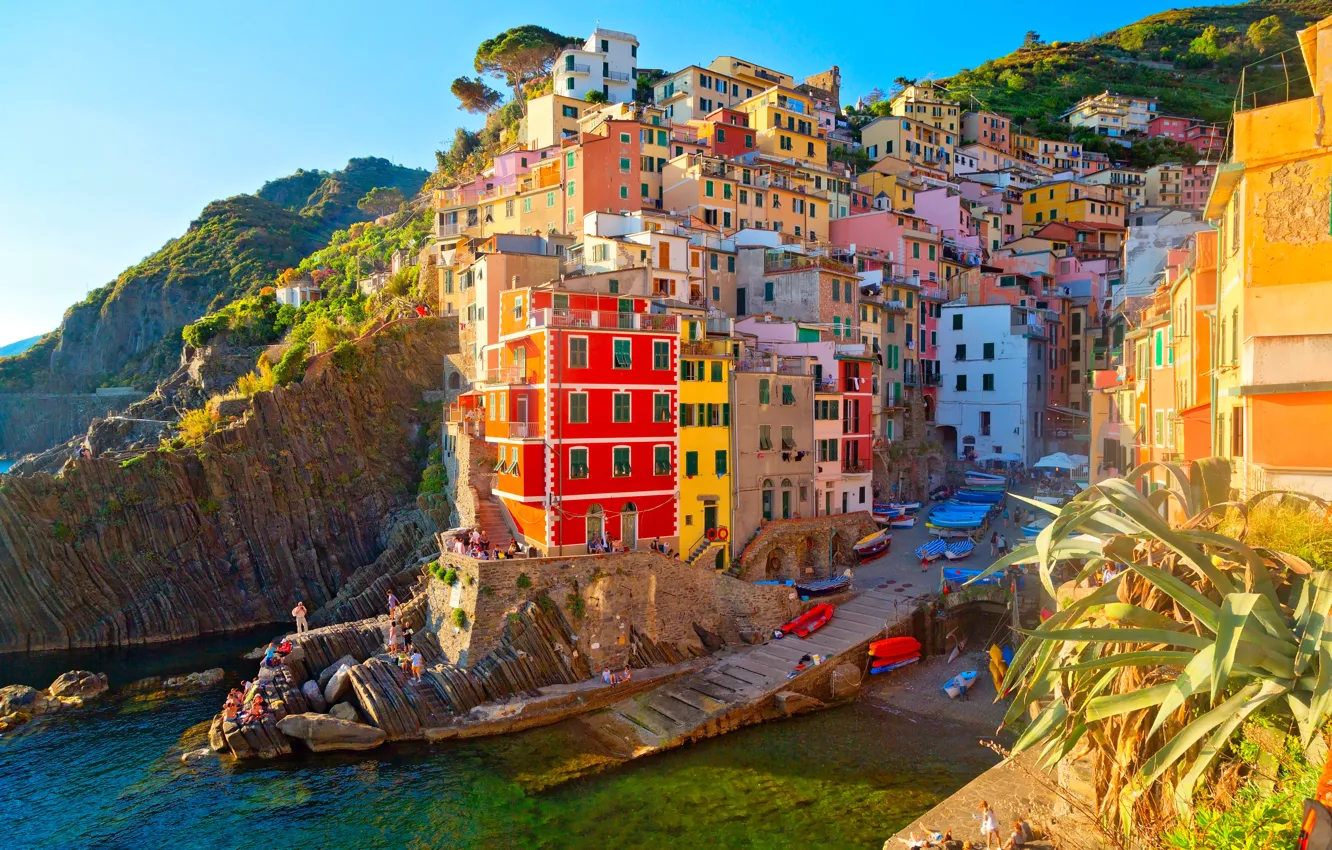 Photo wallpaper sea, landscape, the city, rocks, home, boats, pier, Italy