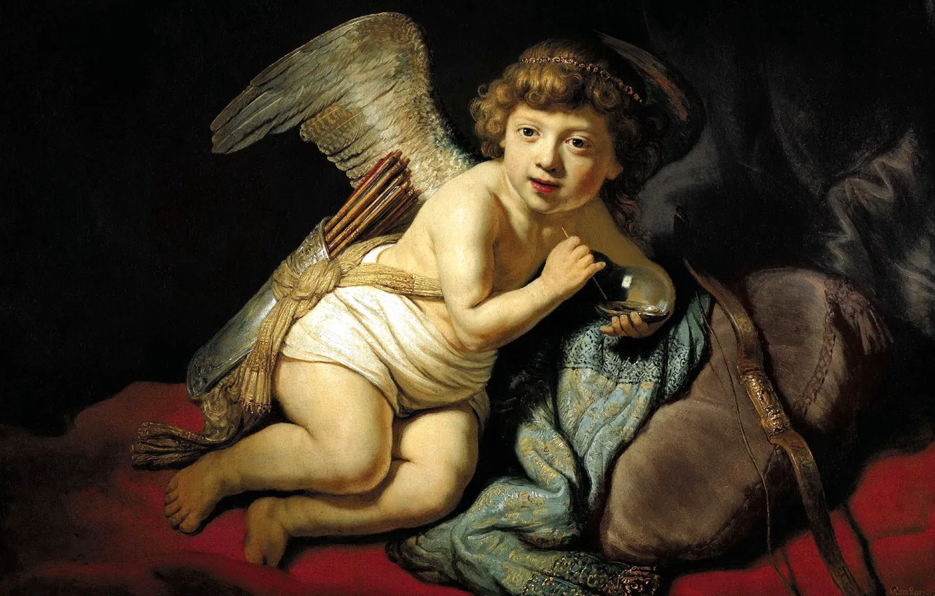 Photo wallpaper picture, mythology, Rembrandt van Rijn, Cupid Blowing Soap Bubbles