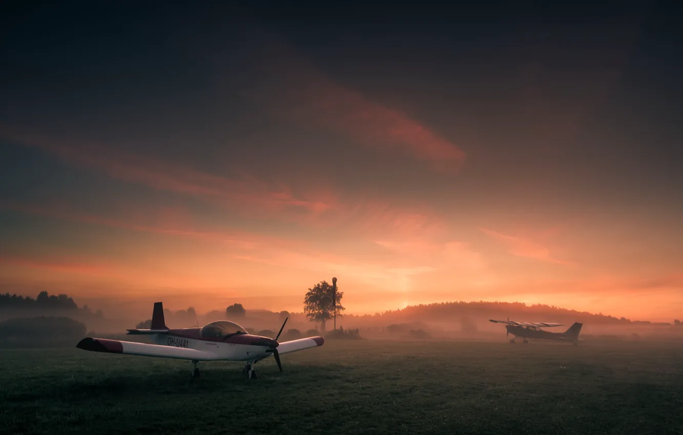 Photo wallpaper field, aviation, sunset, the plane