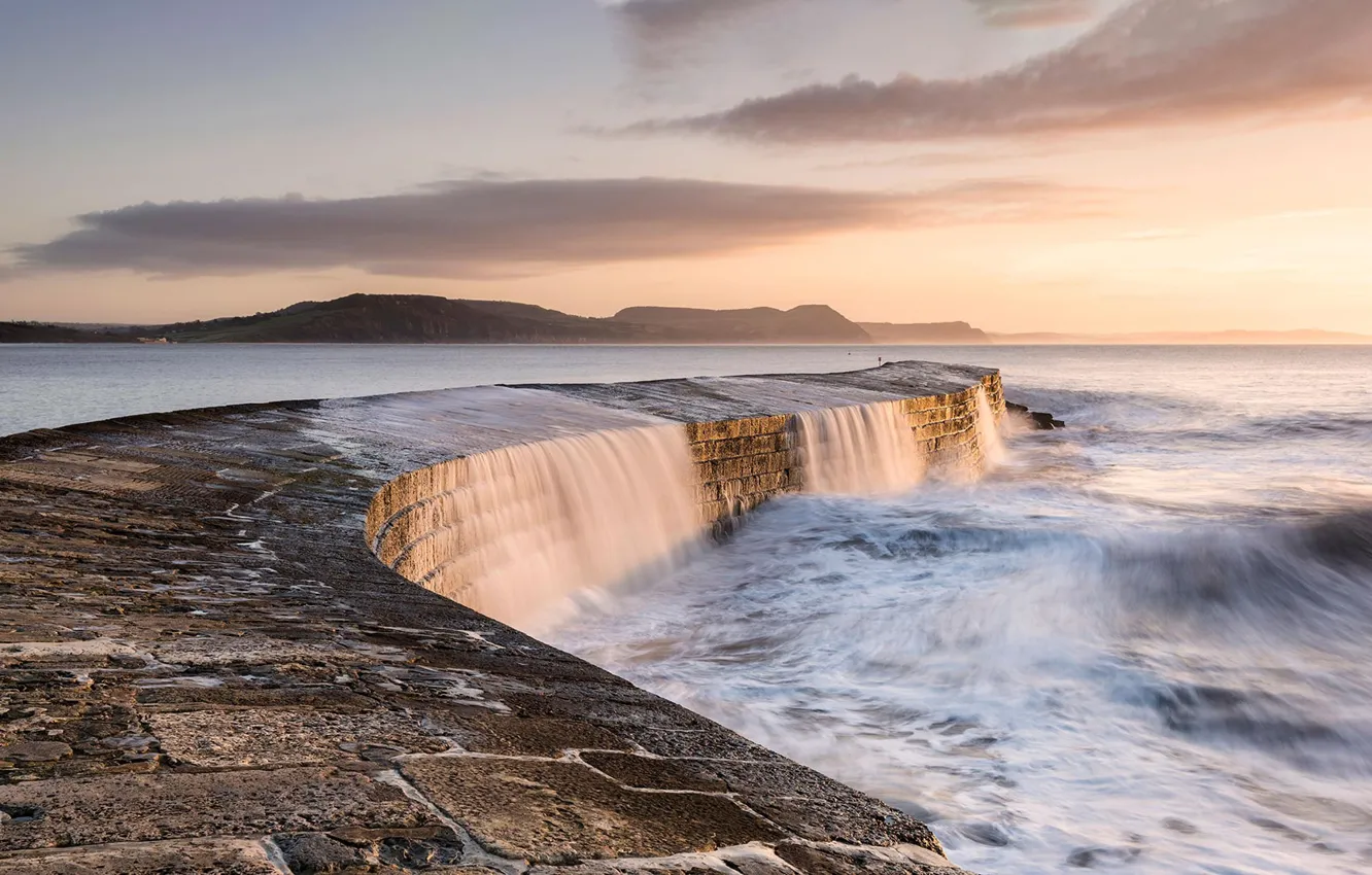 Photo wallpaper waves, sky, landscape, coast, nature, sunset, clouds, pier