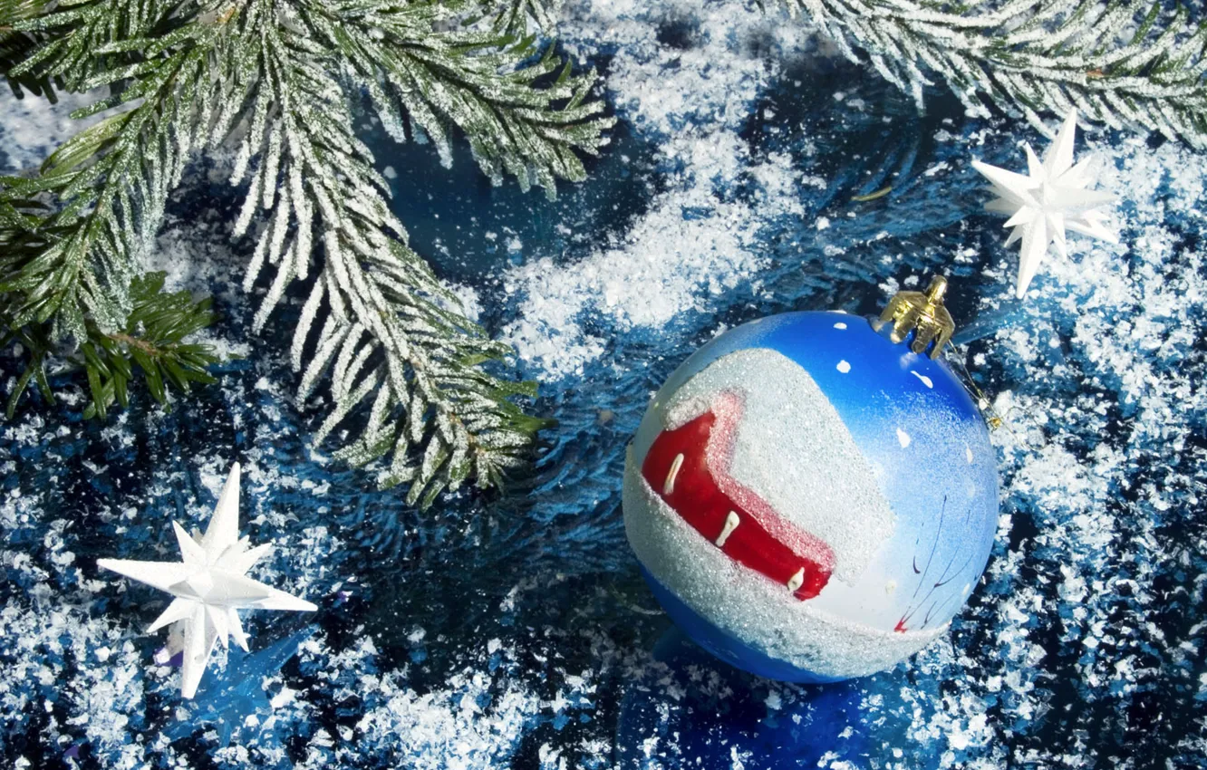 Photo wallpaper snow, decoration, balls, new year