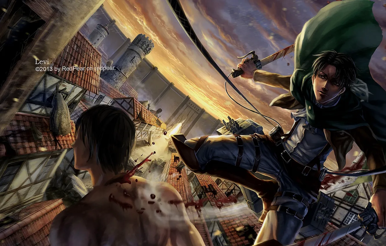 Photo wallpaper the city, anime, art, guy, the invasion of the giants, attack of the titans, Shingeki …