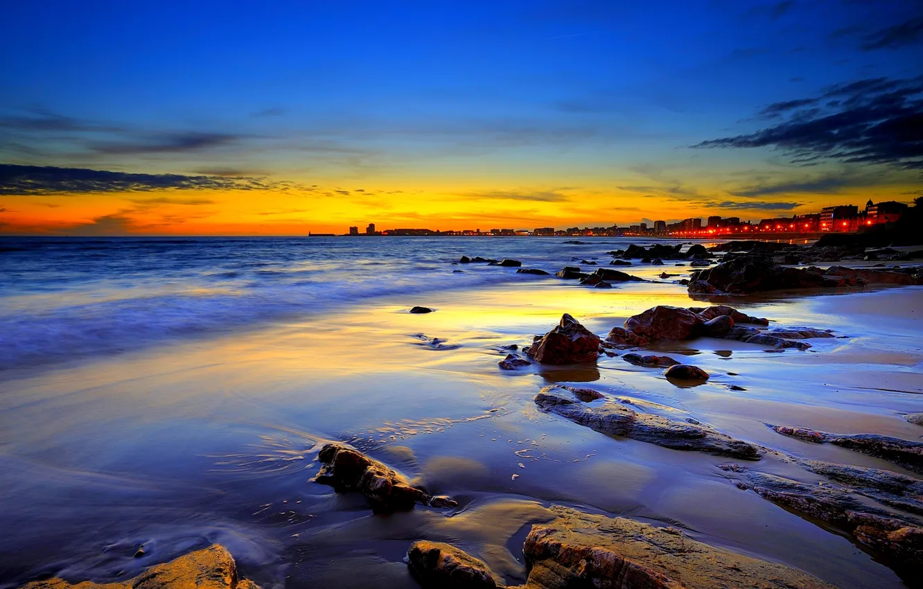 Photo wallpaper sea, the city, stones, shore, the evening