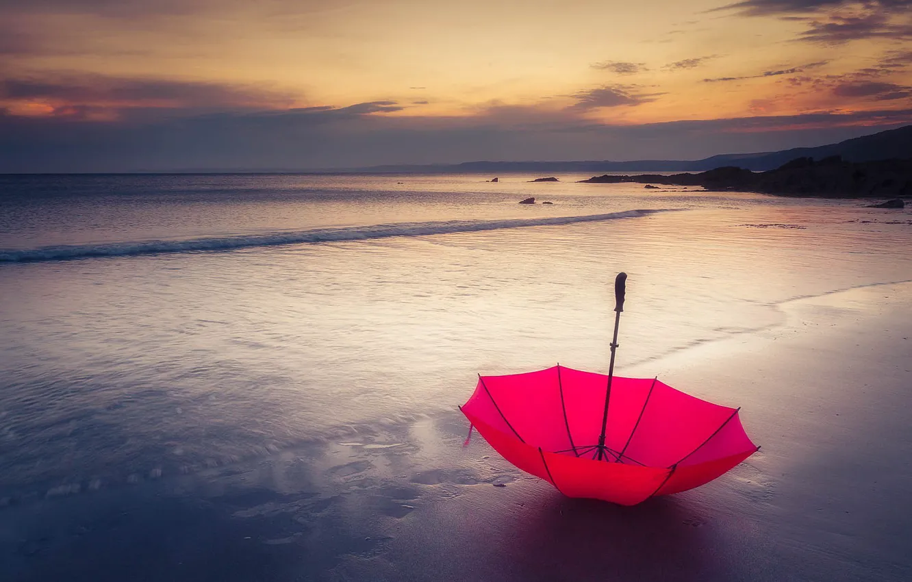 Photo wallpaper beach, umbrella, coast, the evening