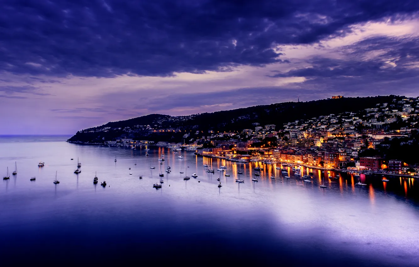 Photo wallpaper sea, the sky, clouds, the city, lights, the evening, twilight, France