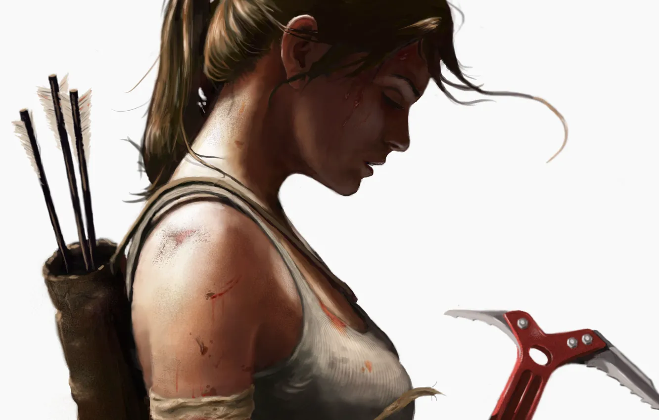 Photo wallpaper girl, Mike, art, white background, profile, Tomb Raider, arrows, ponytail