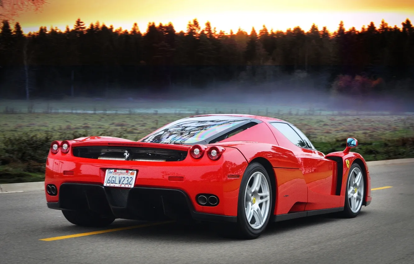 Photo wallpaper road, forest, sunset, red, markup, Ferrari, red, Ferrari
