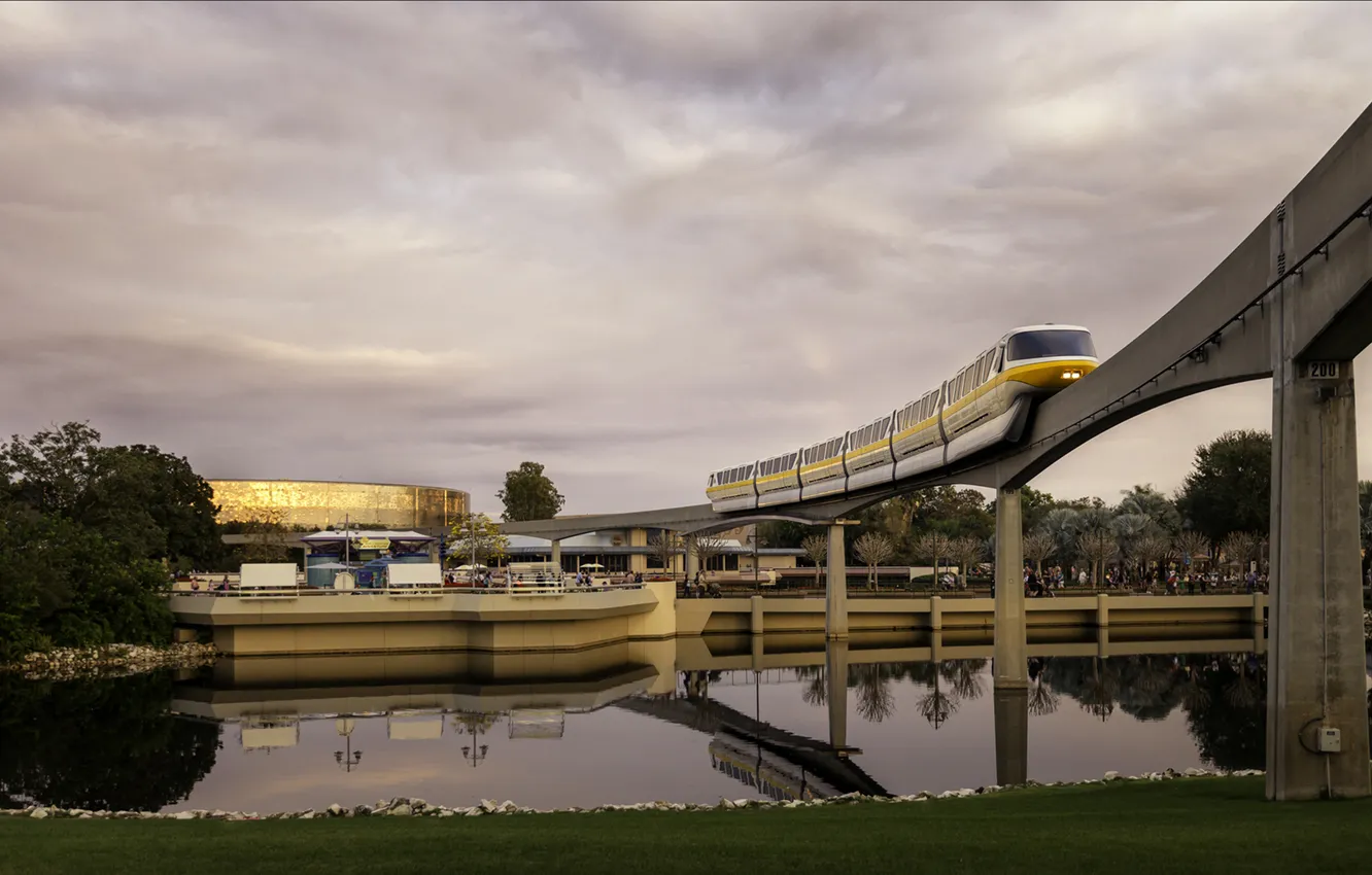 Photo wallpaper bridge, lake, train, Disneyland, photo, photographer, Disneyland, amusement Park