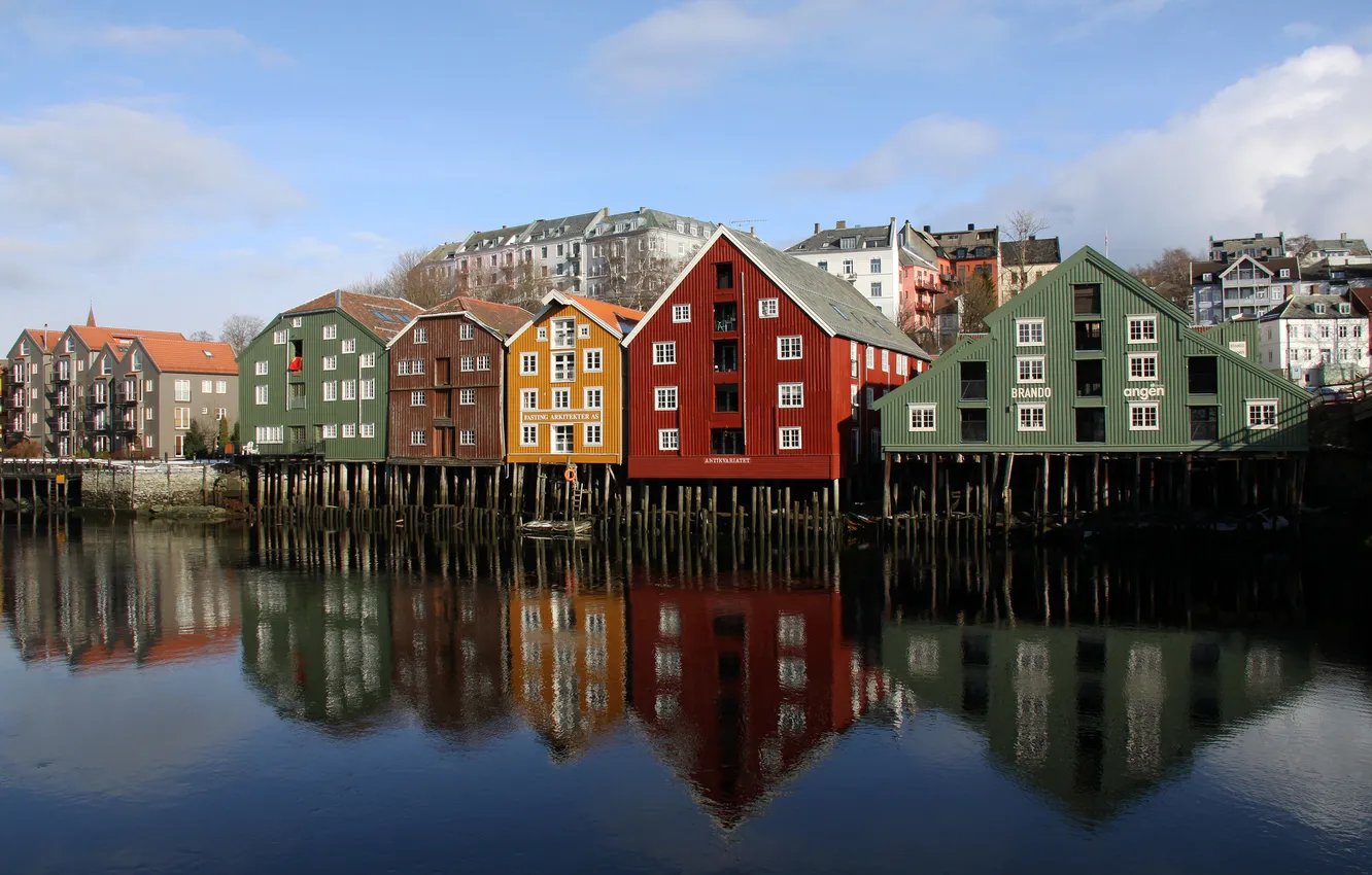 Photo wallpaper the city, home, Norway, colorful, Trondheim, on stilts