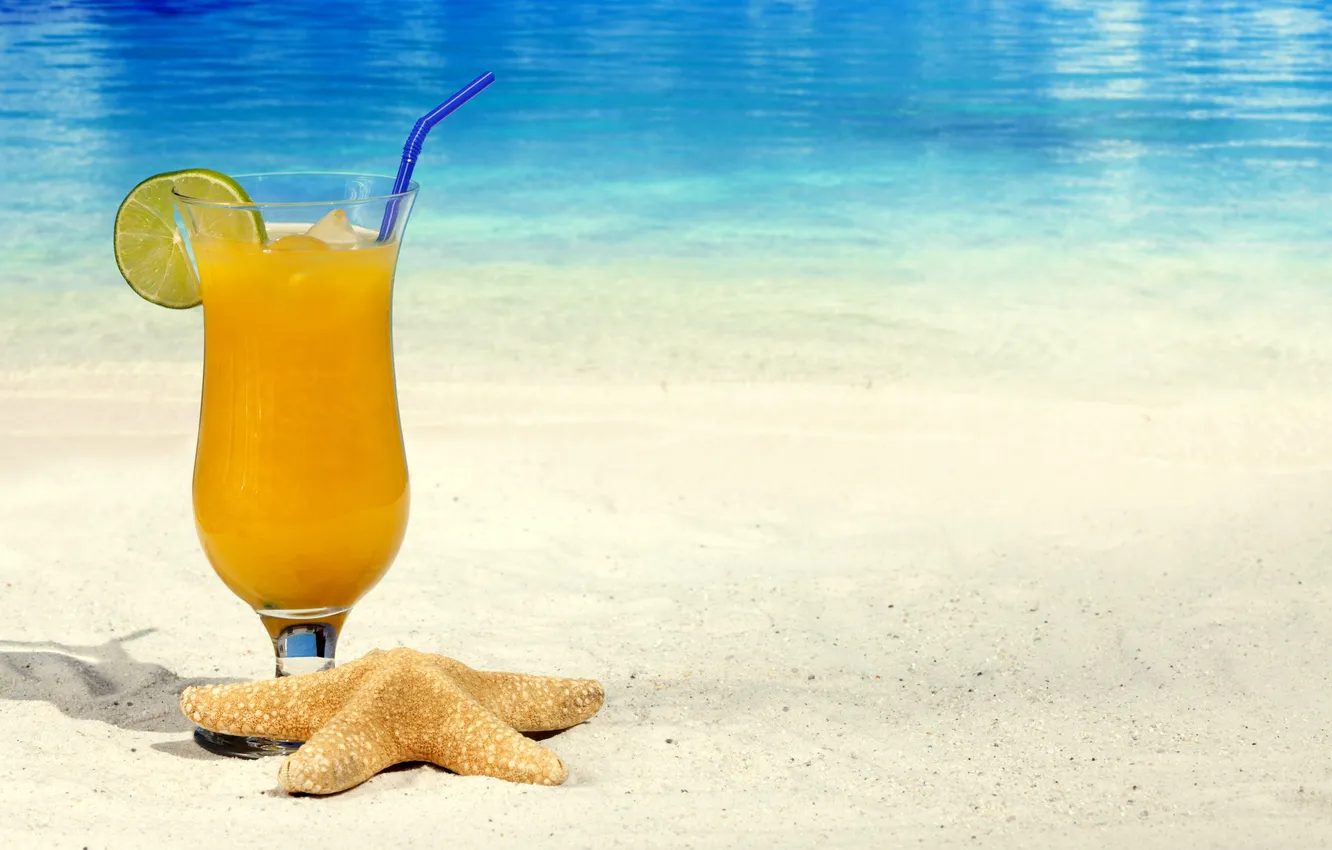 Photo wallpaper summer, beach, fresh, sand, fruit, orange, drink, cocktail
