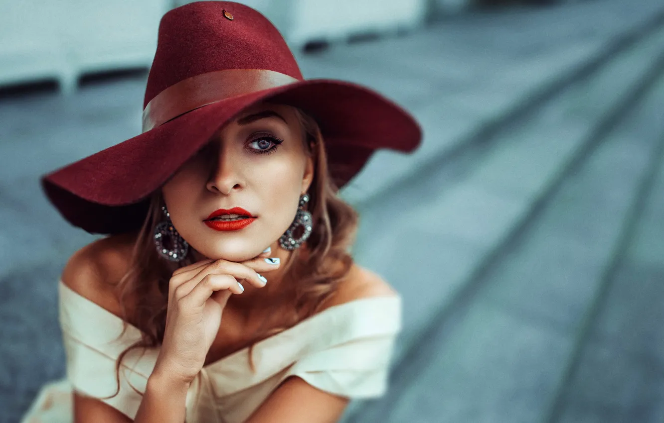 Photo wallpaper portrait, hat, style, bokeh, burgundy has