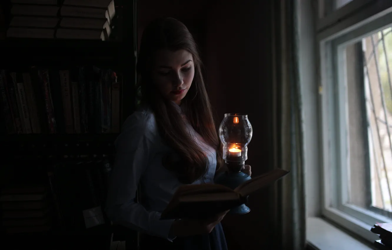 Photo wallpaper girl, lamp, window, reading